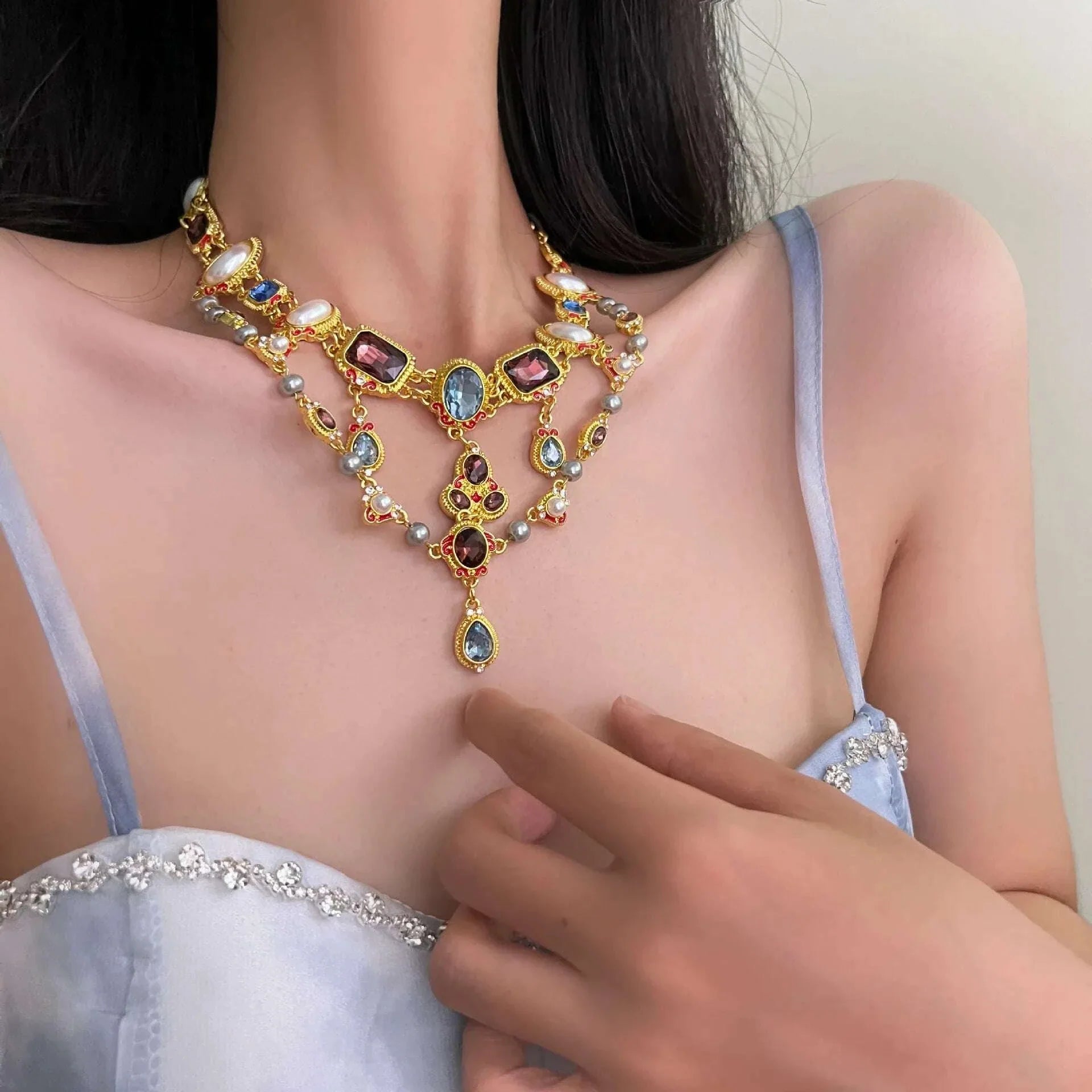 Crystal Inlaid Pearl Droplet Earrings Retro Design Collarbone Chain Fashion Temperament Jewelry Wholesale