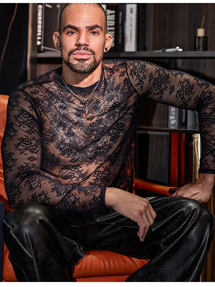 Lace Mesh Sheer See Through T-shirts for Men High Elastic Tight Thin Breathable Comfortable Tops Long Sleeves Fashion Blouse - Kimlud