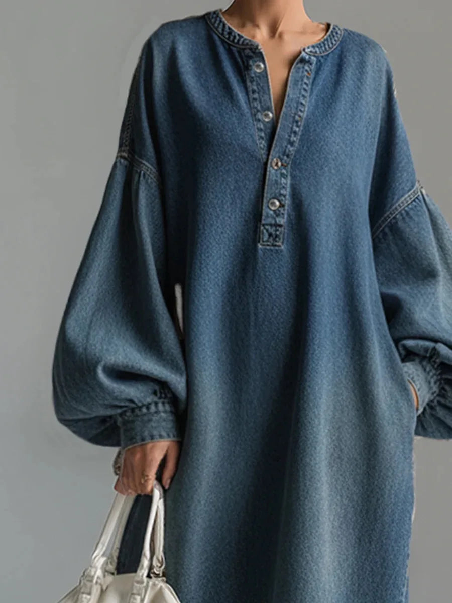 Long Dress Women Denim Dresses Single-breasted V Neck Robe Streetwear Casual Lantern Sleeve Long Sleeve Maxi Dress Vestidos - Kimlud
