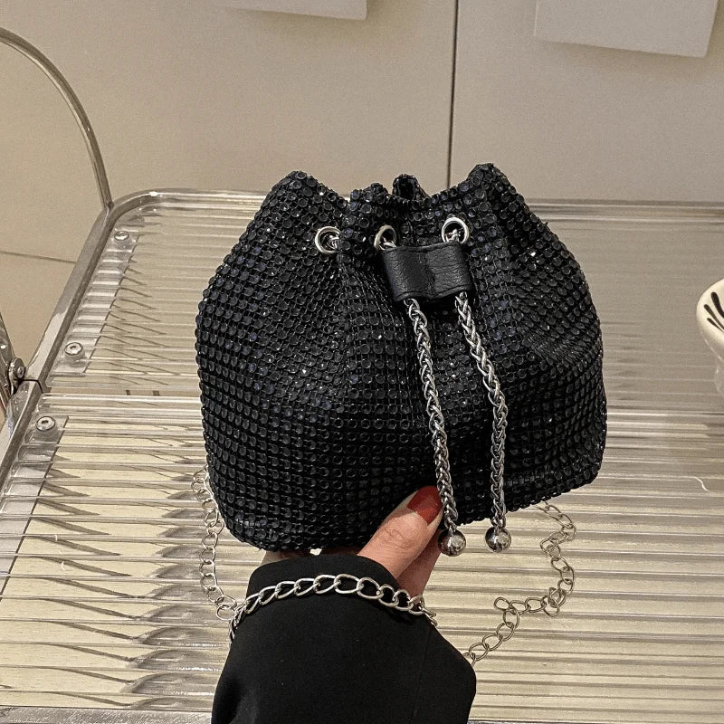 Sparkling Rhinestone Embellished Drawstring Crossbody Bag, Multi-Functional Bucket Purse, Formal Handbag for Women Daily Commute