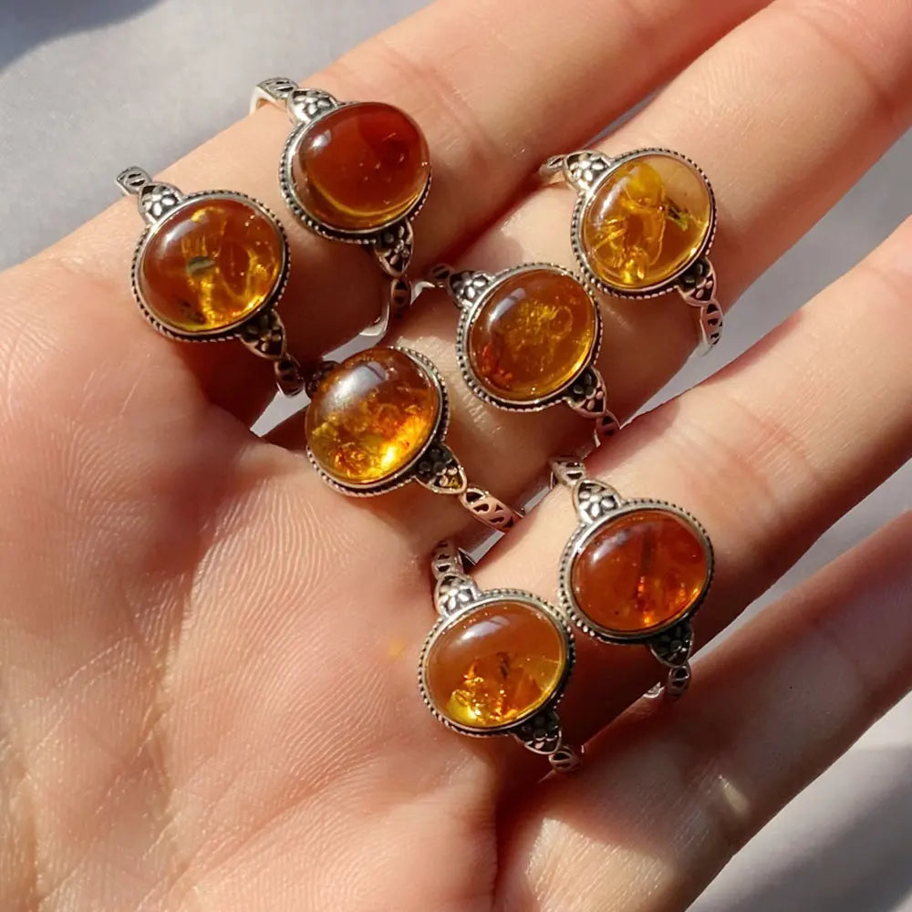 Adjustable Vintage 925 Sterling Silver Ring with Natural Amber, Retro Hollow Floral Design Gemstone Fine Jewelry for Women Man - Kimlud