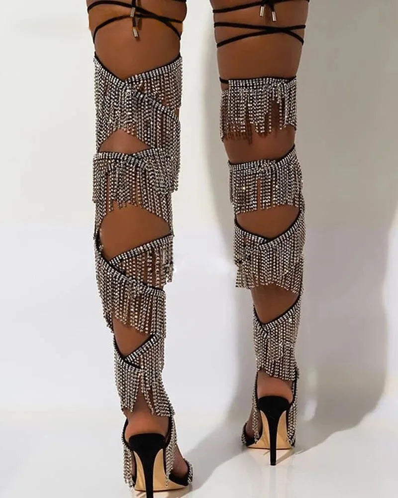Summer Bling Rhinestone Chains Tassel Cross-tied Thigh Sandals Boots Fringe Crystal Strappy Lace-up Woman Cutout Over Knee Boots