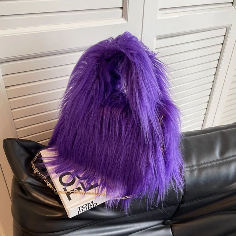 Winter Faux Fur Shoulder Bag for Women Trendy Fuzzy Handbags Plush Crossbody Bag Fluffy Tote Bag Furry Handle Mobile Phone Bag