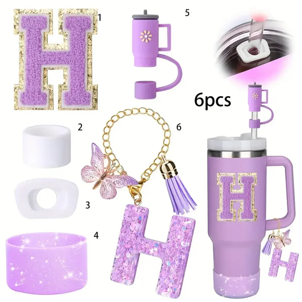 6 in 1 Cup Accessorie Set for Stanley Cup 40oz Tumbler Including Purple Silicone Straw Topper Boot Leak-proof Stopper Decoration