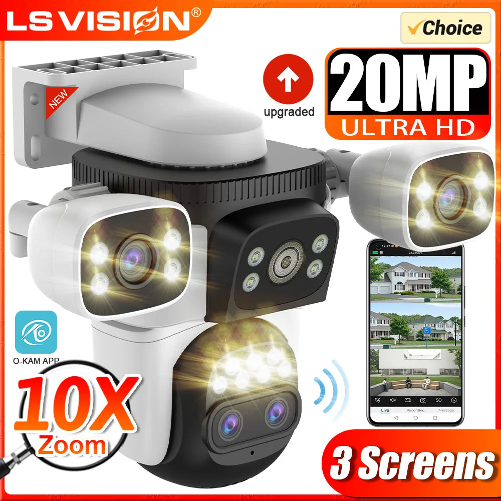 LS VISION 20MP WiFi Security Cameras 10X Zoom Three Screen Four Lens CCTV PTZ Auto Tracking Human Detection Surveillance Cameras