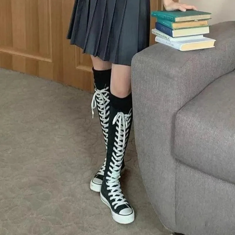 2025 New High Top Canvas Shoes for Women's Korean Edition Long Boot Lace-Up Zipper Comfortable Boot Zapatos De Mujer Tendencia