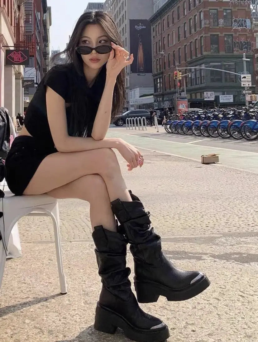 women heightened same thick-soled knight western cowboy 2026 temperament elastic stacking boots - Kimlud