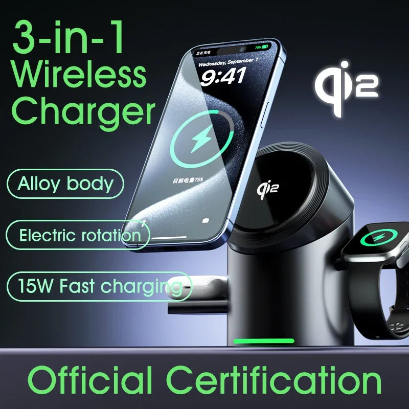 Touch Rotate Qi2 Magnetic 3-in-1 Wireless Charger 15W Fast Charging Station for iPhone 13 14 15 16 Series Apple Watch AirPods