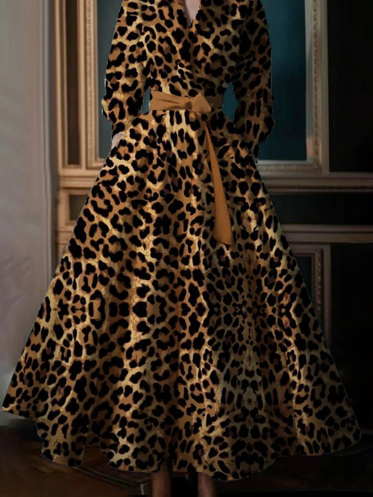 Leopard Print Long Sleeve Maxi Dress Women Stand Collar Boho Pocket Dress Party Guest Outfits for Spring Summer Evening Events