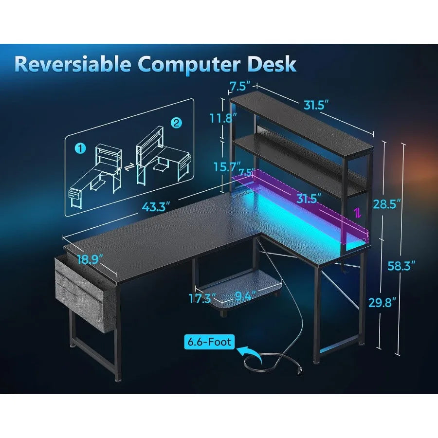Gaming Desk with Power Outlets LED Lights 43 Inch Reversible L Shaped Computer Desk with Shelves Storage Bag Corner Desk for Ho