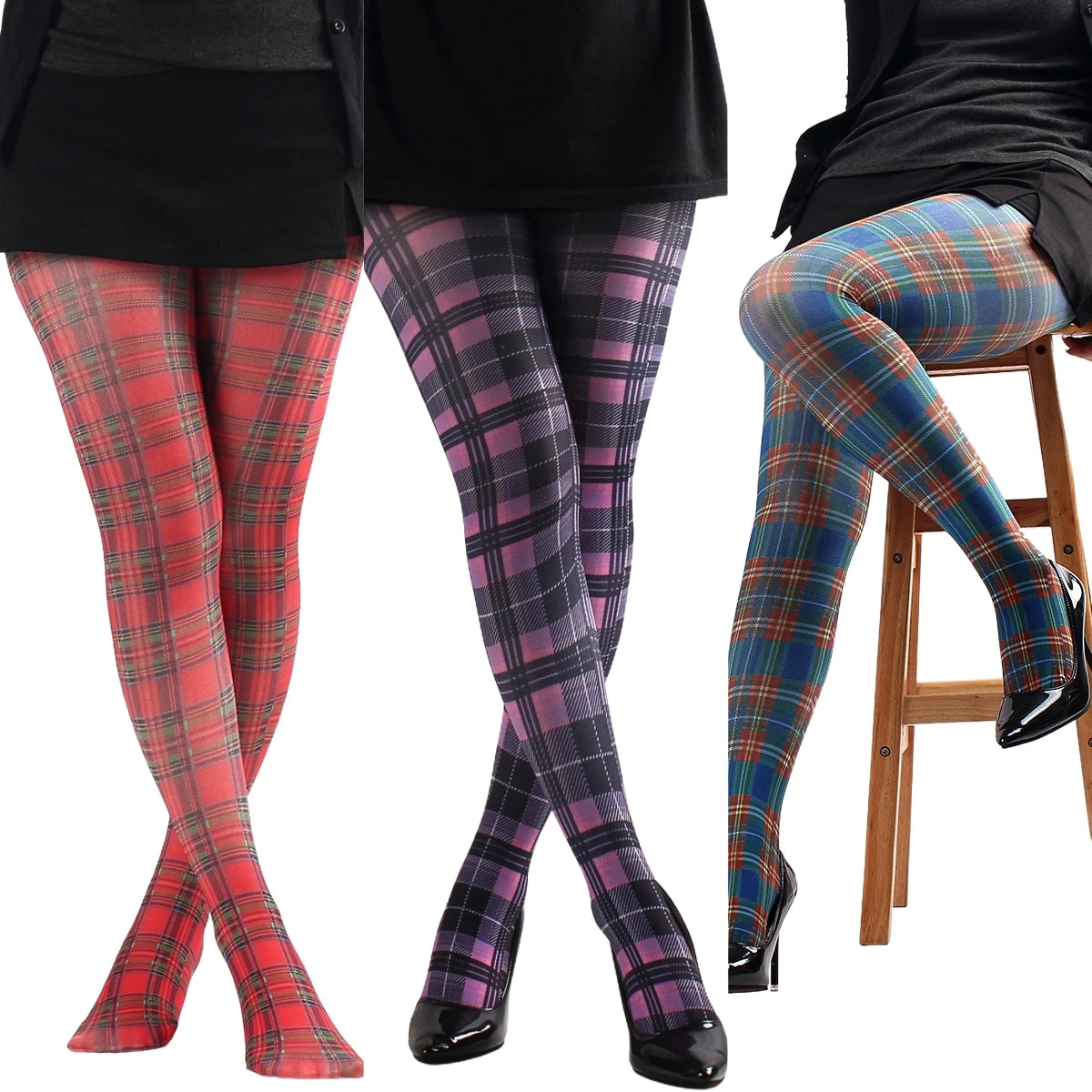 Fashion Women's Classic Tartan Semi-Opaque Pantyhose Printed Tights Red Purple Blue Green Scottish Check Pattern Tights