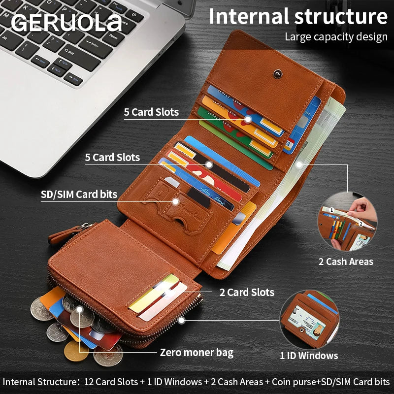 Men’s compact, high-capacity genuine leather wallet; top-grain cowhide wallet with multiple card slots; RFID protection