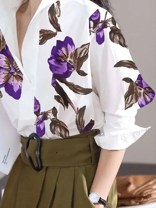 Modigirl 2025 Summer Spring Casual White Shirts for Women Long Sleeves Urban Elegant Stand Collar Woman Flower Print Blouse Tops - Kimlud