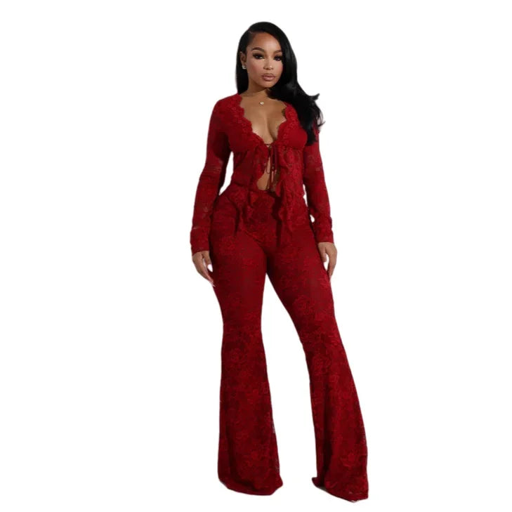 2026 Women's Set Long Sleeve Lace See Through Shirt + Long Pants Street Evening Sexy Two 2Piece Sets Outfits Tracksuit |...