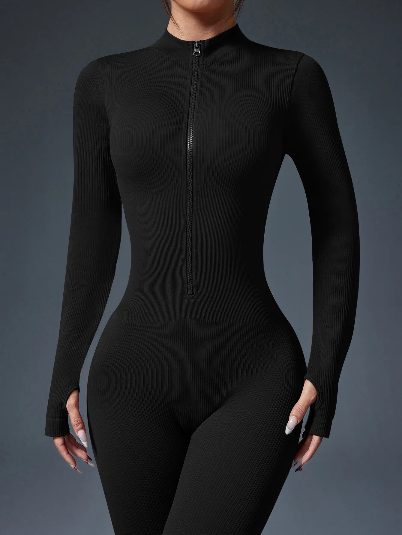 Half Zip Jumpsuit Women Gym Bodysuit Long Sleeve Activewear Set Running Workout Romper Fitness Overalls Sportswear Yoga Clothes