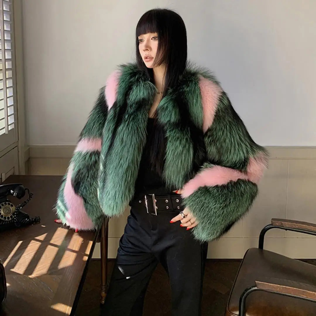 Luxury Fashion Woman Real Silver Fox Fur Short Jacket Coat Female Elegant Winter Warm Overcoat