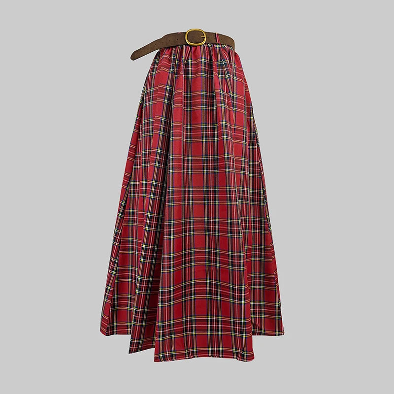 Women's Red Plaid High Waist Skirt with Belt/Lined 2026 New A-line Vintage Pockets Christmas Party Elegant Long Skirts 195448