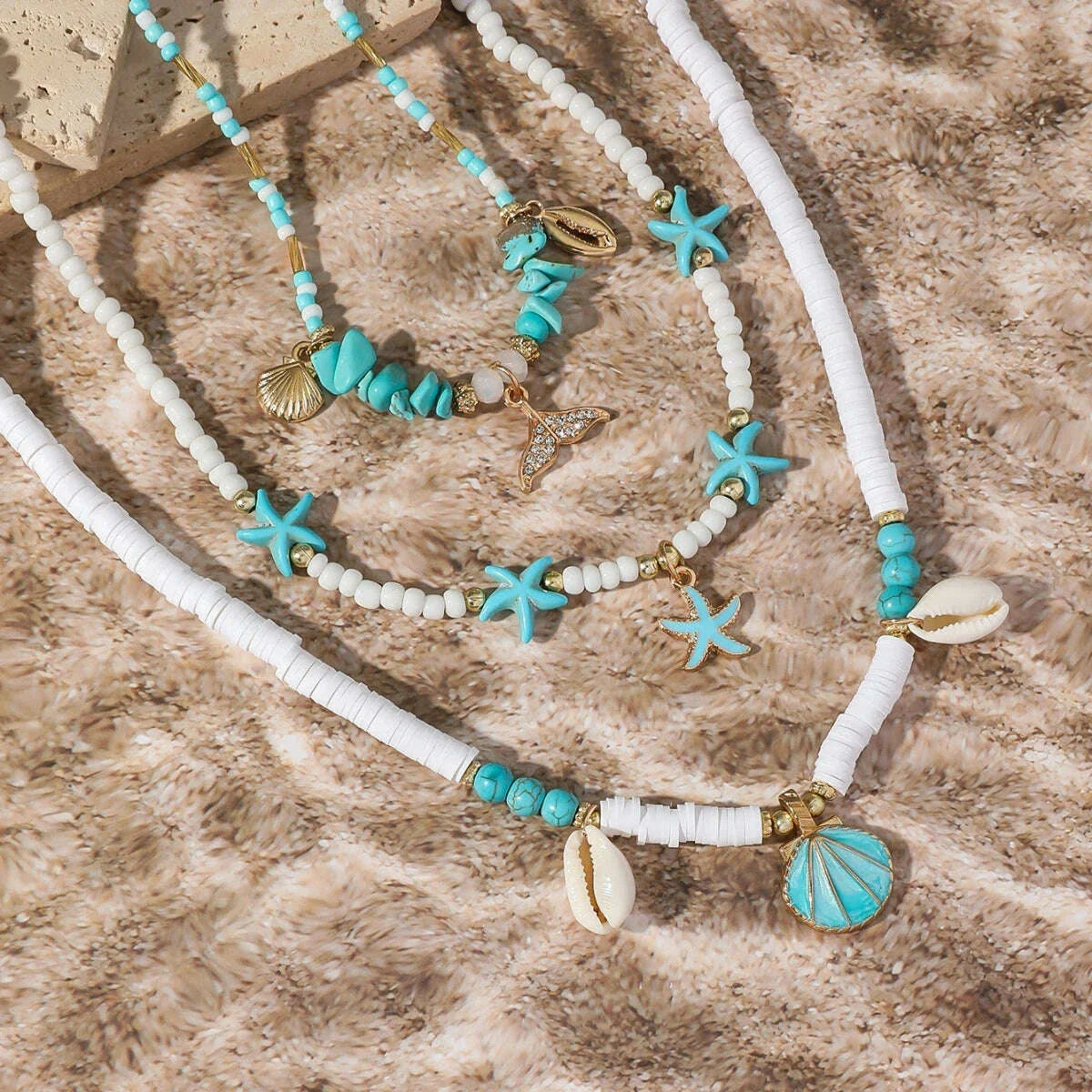 Bohemain Vintage Shell Starfish Multi Layered Necklace for Women Ethnic Handmade Fish Tail Beads Necklace Summer Jewelry Gifts