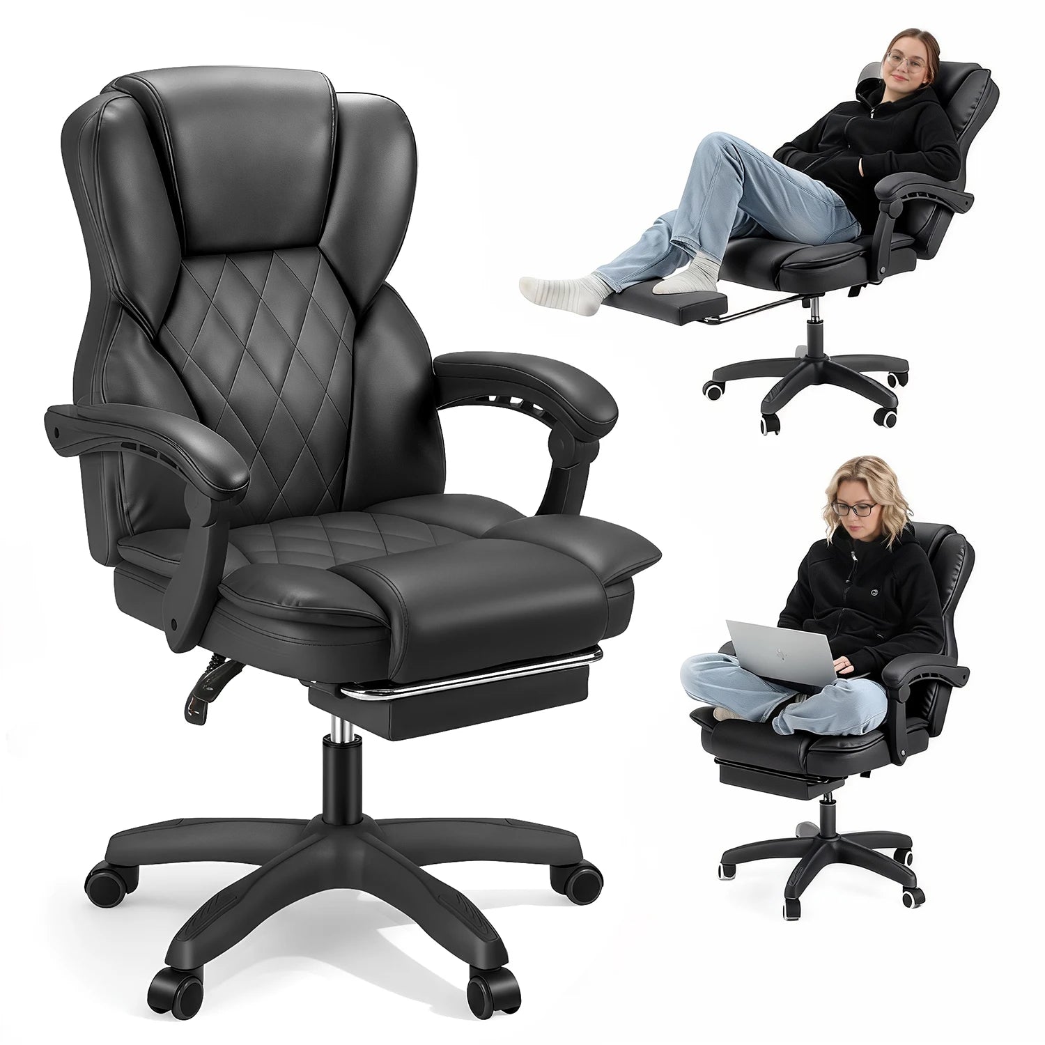 OYAJIA Office Chair, PU Leather Ergonomic Office Chair, 150kg Weight Capacity, Adjustable High-Back Computer Chair, Executive Swivel Chair with Footrest and Lumbar Support, Black/White - Kimlud