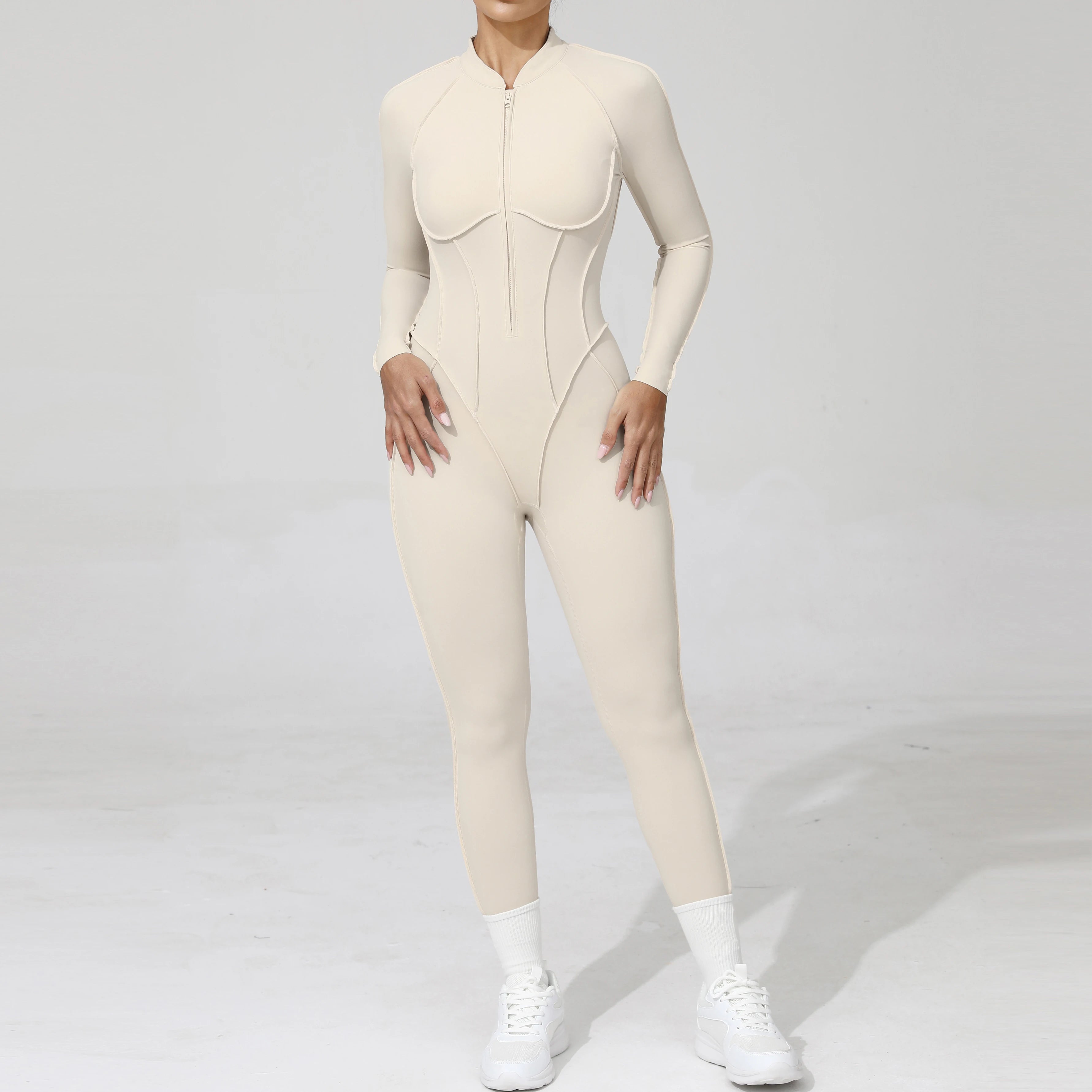 Padded Women Long Sleeve Sport Yoga Jumpsuit Workout Clothes for Women Sportwear Backless Zipper Fitness Gym Outfit