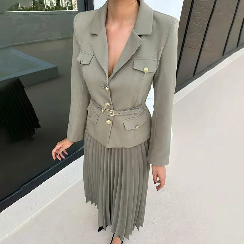 Elegant Women Two Pieces Set Single-breasted Lapel Jacket Coat Belt Pleated Midi Skirt Suit 2025 office Lady New In Matching Set