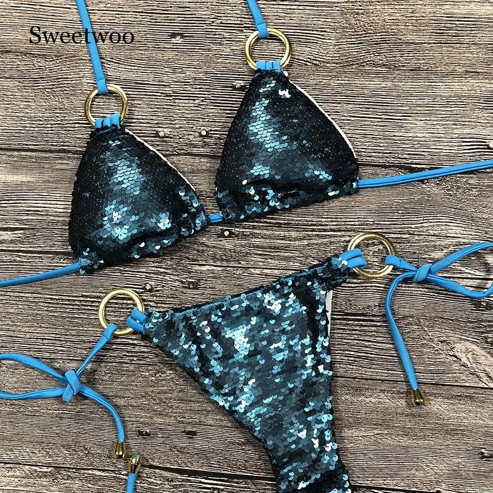 Solid Bikini Sexy Swimsuit Halter Swimwear Bathing Suit Women Bling Sequin Bikini Set Beach Wear Dropshipping Monokini...