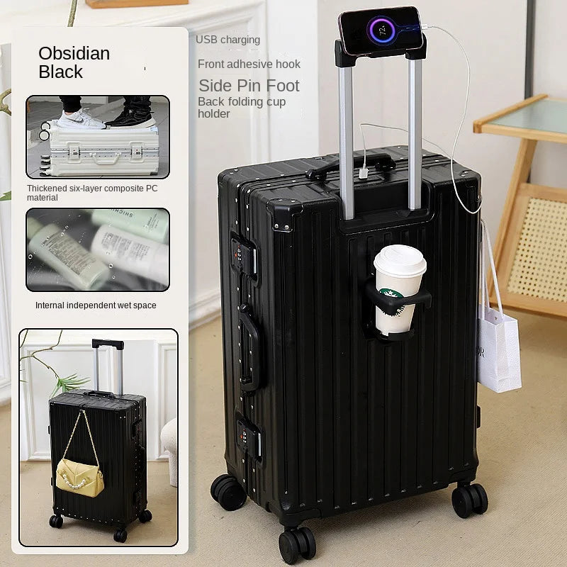 Multifunctional Luggage Aluminum Frame with USB Charging Port 30" High-capacity Suitcase 20-inch Travel Boarding Password Box