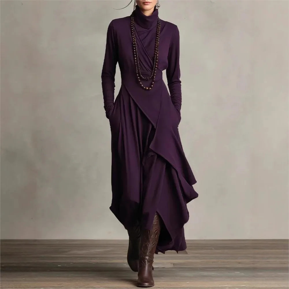 Irregular Dress Solid Color Long Sleeve Spring Autumn Women's New Cross High Neck Long Dress Vestidos Para Mujer Ropa Mujer