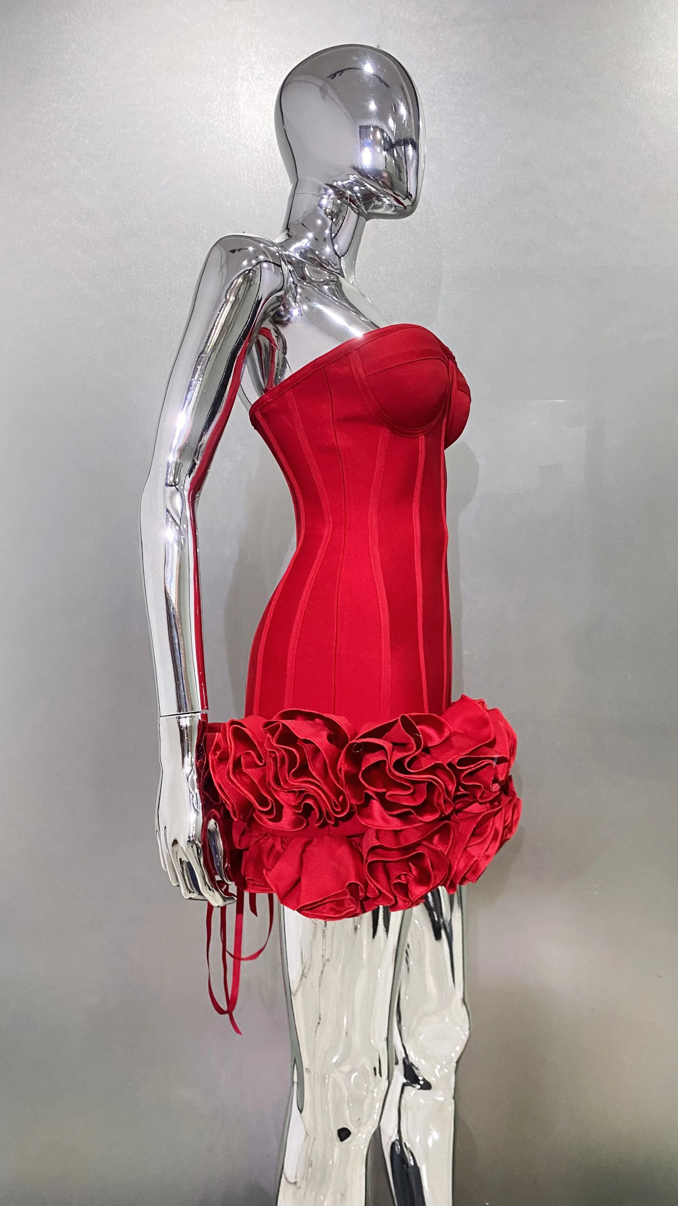 Stereoscopic Flowers Back Laceing Strapless Red Bandage Mini Evening Dress Sweet Woman Birthday Party Dress Performance costume