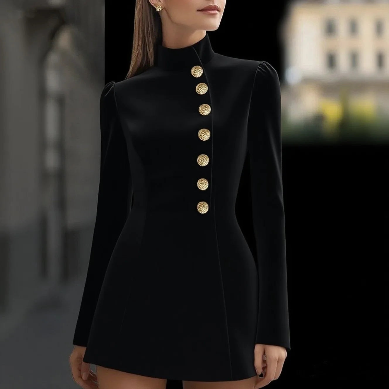 Spring Women's Elegant Stand Blazer Dress Fashion Single-breasted Solid Mini Dress Casual Long Sleeve Slim Party A-line Dresses