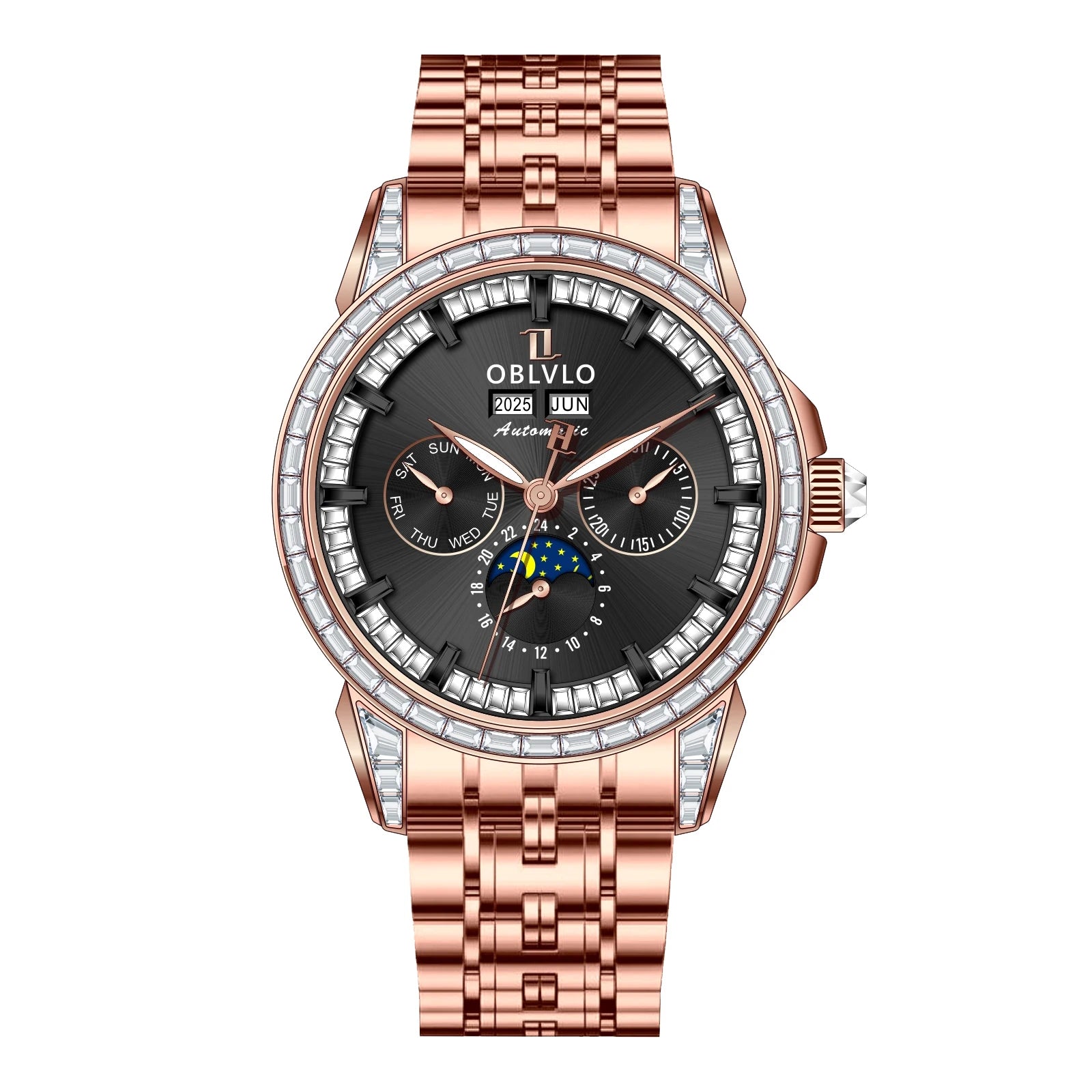 OBLVLO Men's Fashion Automatic Watch Colorful Zircon Moonphase Mechanical Multifunctional Black Leather Strap Timepiece...