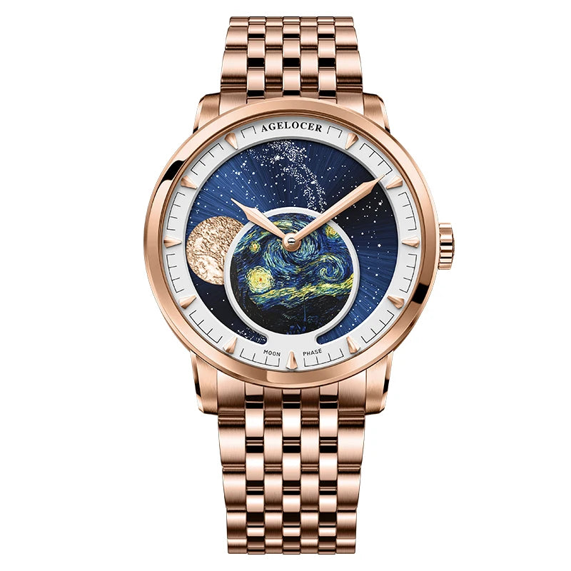 AGELOCER Original Astronomer Watch Men's Business Luxury Gold Watch Automatic Mechanical Moon Phase Watch Birthday Gift for Men