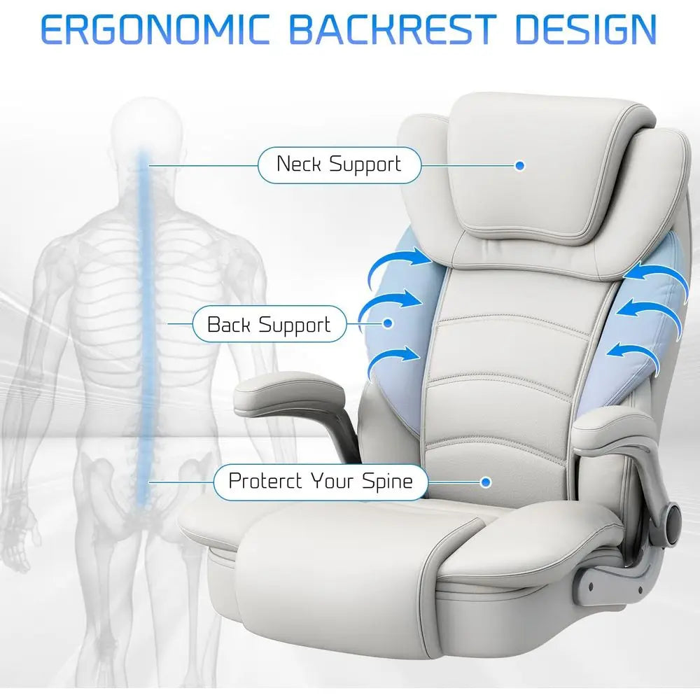 Ergonomic Leather Executive Chair with Wide Seat for 400lb Capacity, High Back and Flip-Up Arms, White | Kimlud Luxury Home
