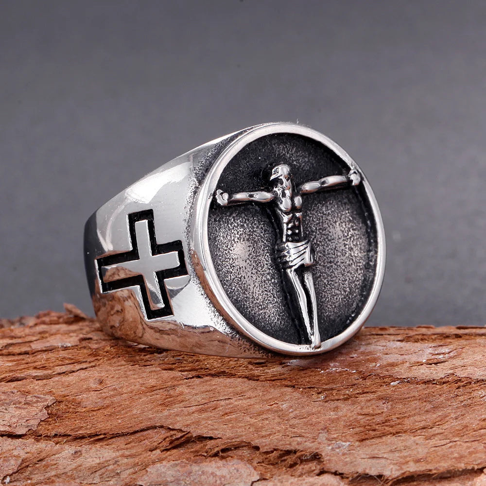 Vintage Catholic Jesus Cross Ring Men Punk Hip Hop Stainless Steel Biker Jesus Signet Rings Jewelry Amulet Gift Wholesale