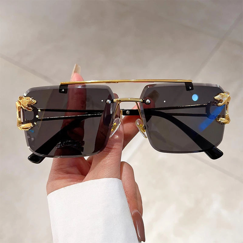 KAMMPT Vintage Rimless Sunglasses Men Women Fashion Oversized Square Shades Eyewear New Double Bridge Gradient UV400 Sun...