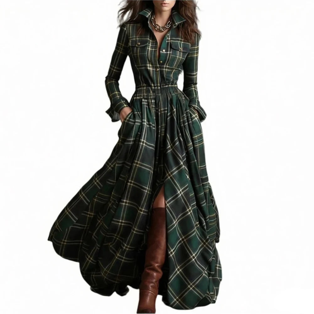 Retro Plaid Long Dresses Ladies Fashion Irregular Hem Slit Spring Autumn Long Sleeve Dress Western Style Buttons Shirt Dress New