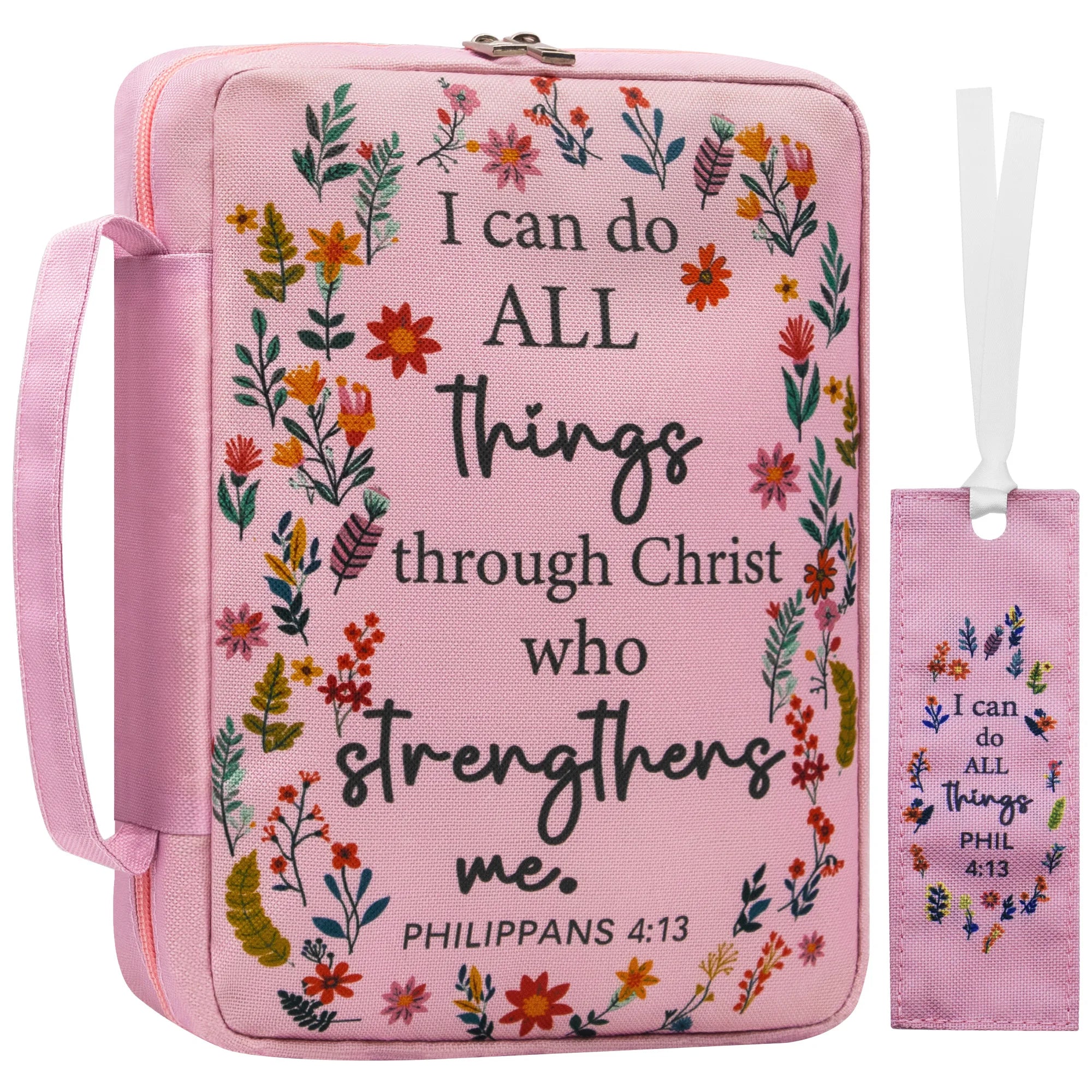 Bible Cover for Women, Pink Floral Scripture Case, Large Capacity Church Book Organizer, Christian Gift for Ladies
