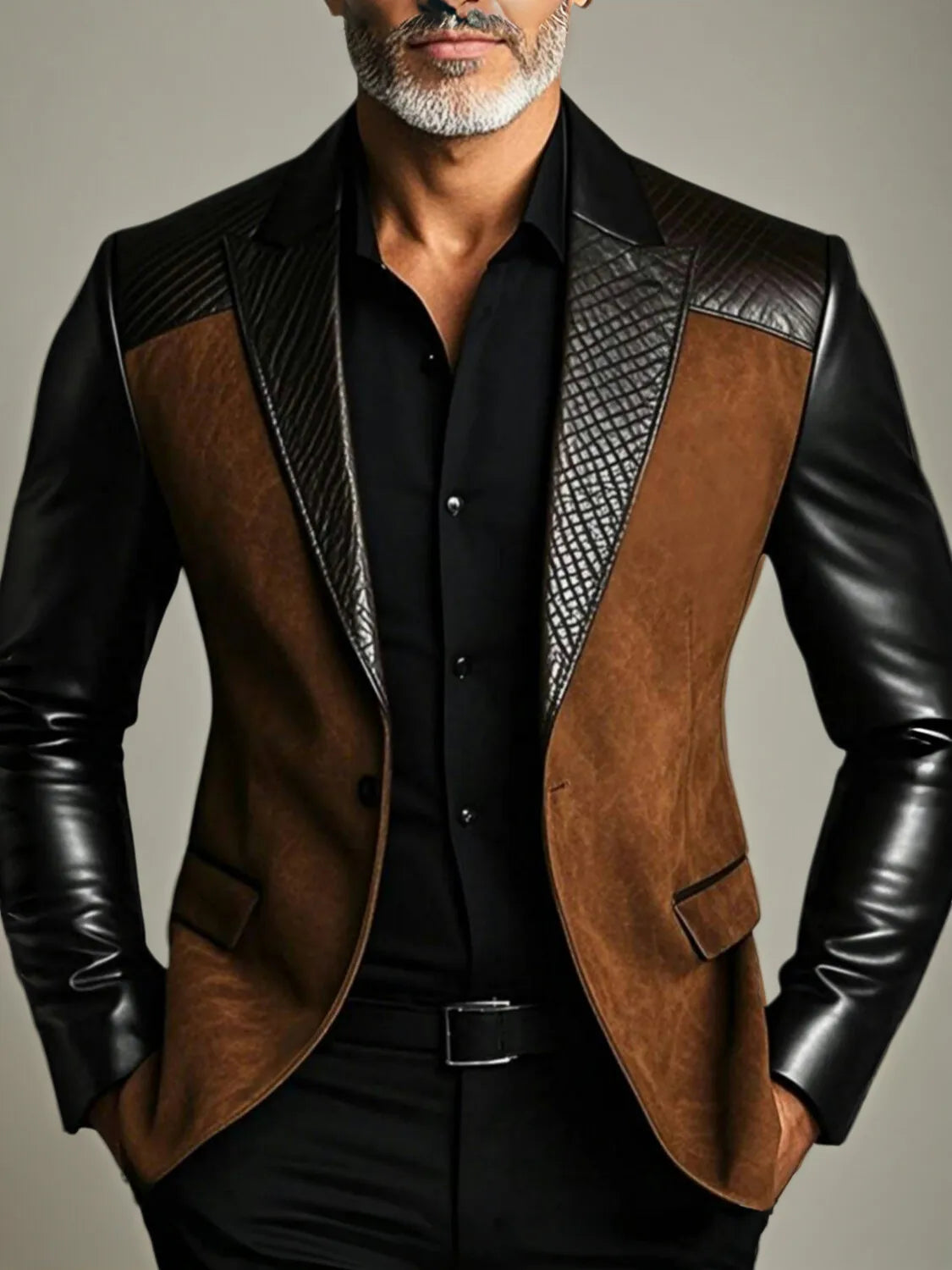 Designer Classic Men's Suit Coat PU Sleeve Splicing Notched Lapel Tuxedos Peaked Breasted Groom Wear Business Party...