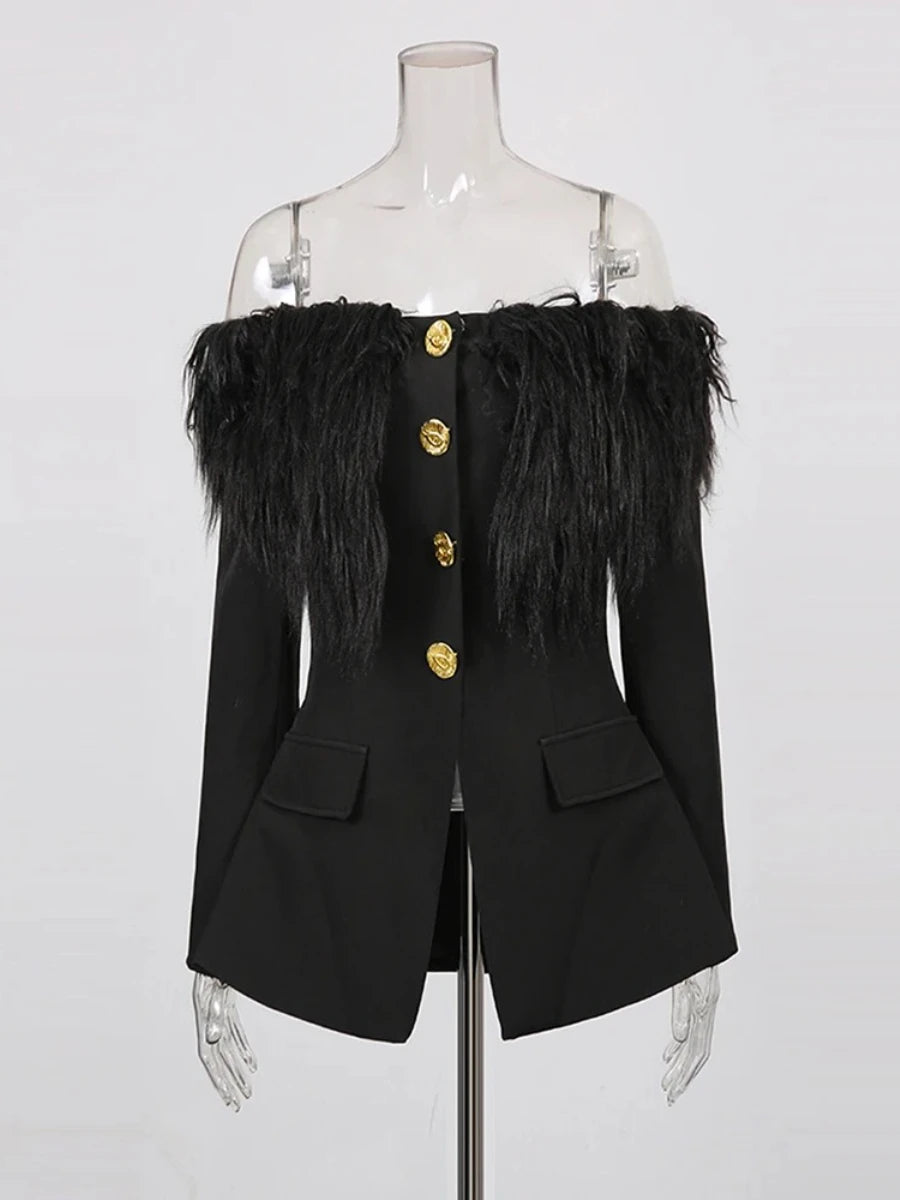 TWOTWINSTYLE Solid Slimming Spliced Metal Buttons Jackets for Women Slash Neck Long Sleeves Patchwork Fur Jacket Female Fashion - Kimlud