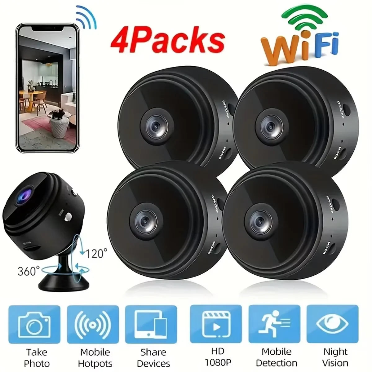 A9 Smart WiFi Security Camera - Wireless Indoor/Outdoor Camera, 2.4GHz WiFi, Remote View App, Motion Alert, Christmas Gift