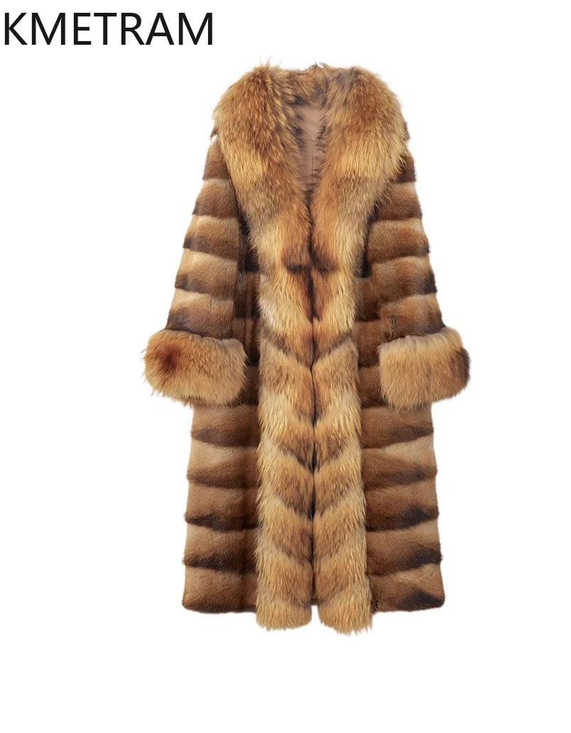 KMETRAM Natural Muskrat Fur Coat Woman Luxury Long Real Fur Jacket Raccoon Dog Fur Collar Winter Coats Women Clothing 2025 шуба