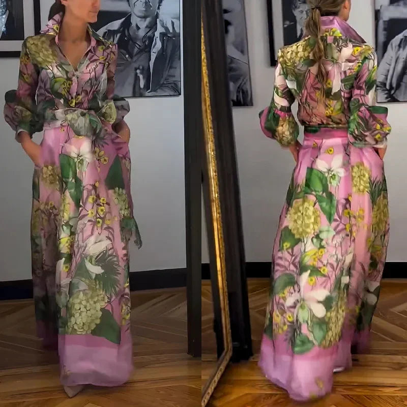 Elegant Floral Print Dress 2 Piece Skirt Suits Women Summer Long Sleeve Shirts Blouse Flower Dress Outfits Beach Holiday Dresses