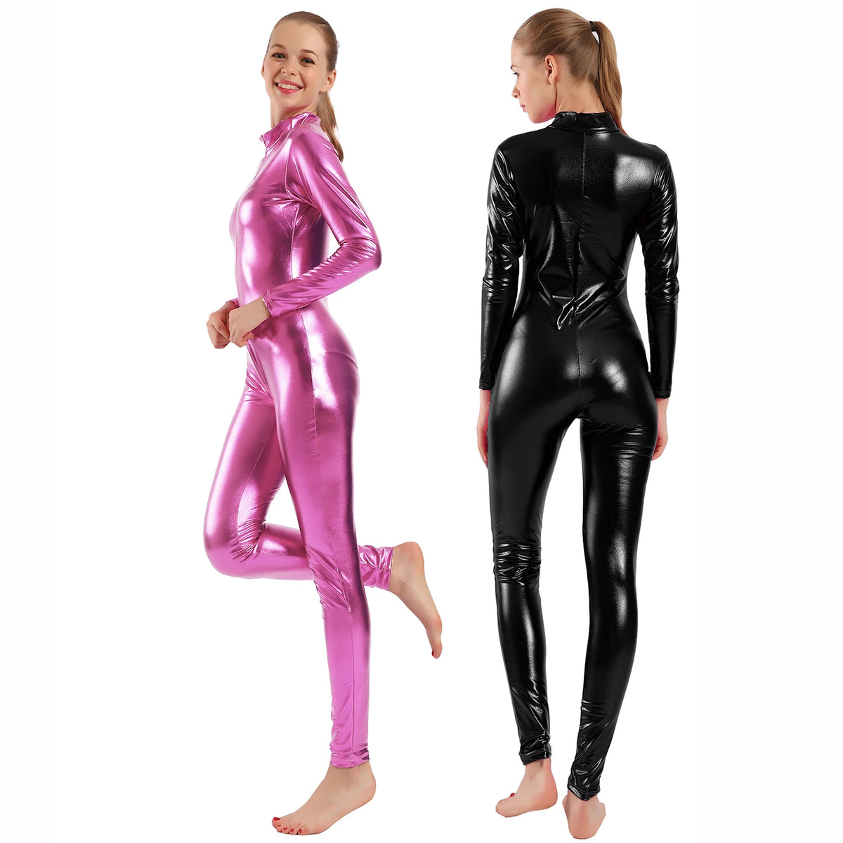 AOYLISEY Women Shiny Metallic Catsuits Unitard Long Sleeve Mock Neck Ballet Jumpsuits for Hollween Men Cosplay Zentai Costumes
