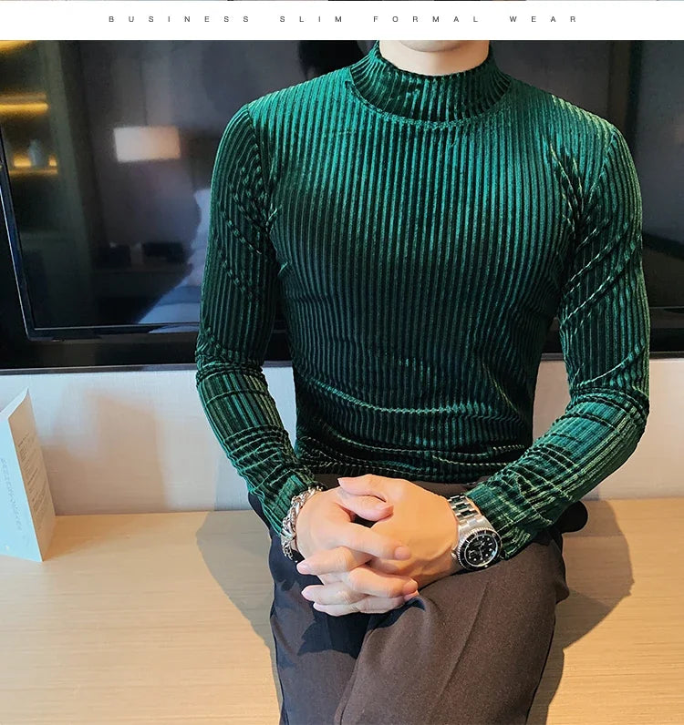 New Gold Velvet T Shirt Men Clothing Fashion Trend Male Luxury Prom Party Long-sleeved Striped Pullover Tops Homme - Kimlud