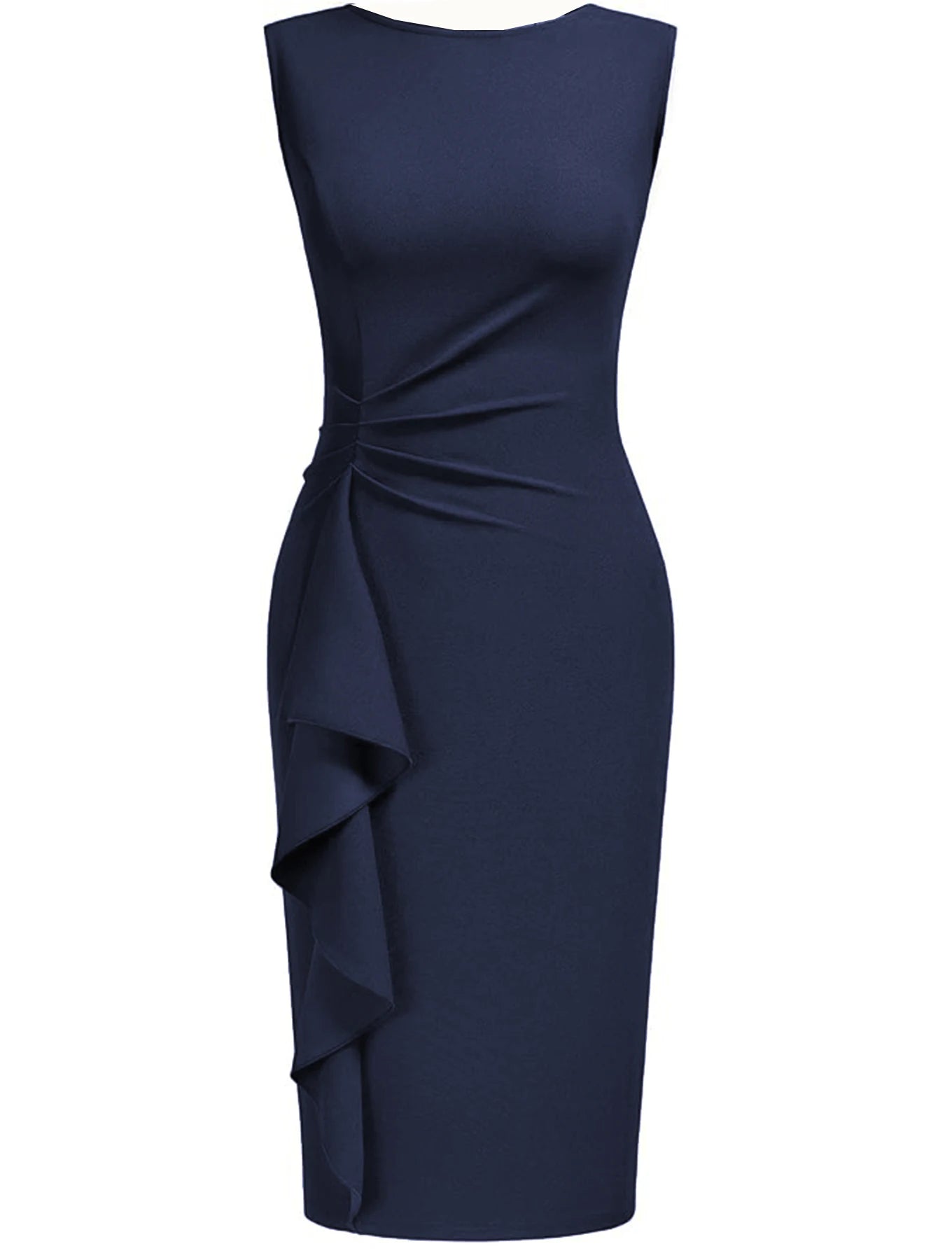 Women Elegant Crew Neck Sleeveless Retro Slim Work Office Cocktail Party Business Ruffle Casual Sheath Bodycon Pencil Dress - Kimlud