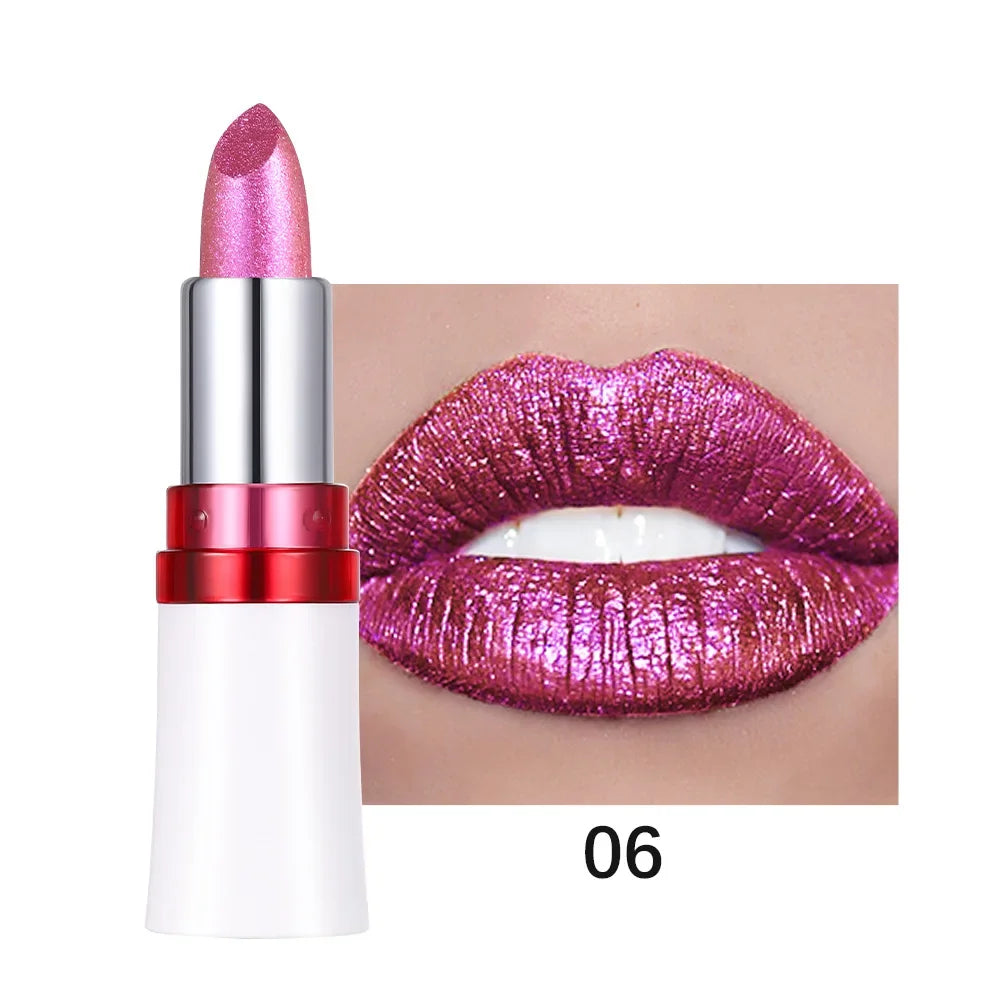 Rose Metallic Lipstick Glitter Lip Glaze Waterproof Long Lasting Moisturize Bright Red Pearlescent Shiny Lipgloss Makeup 6color