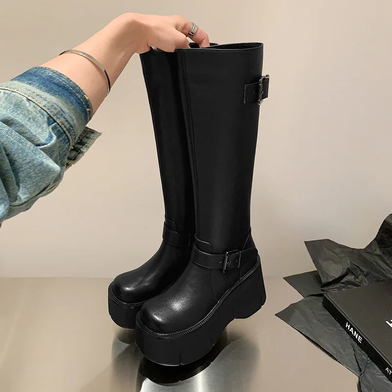 2024 Women's Shoes Basic Women's Boots Classics Knee-High Boots Women Belt Buckle Side Zip Round Toe Wedge Platform Shoes Ladies