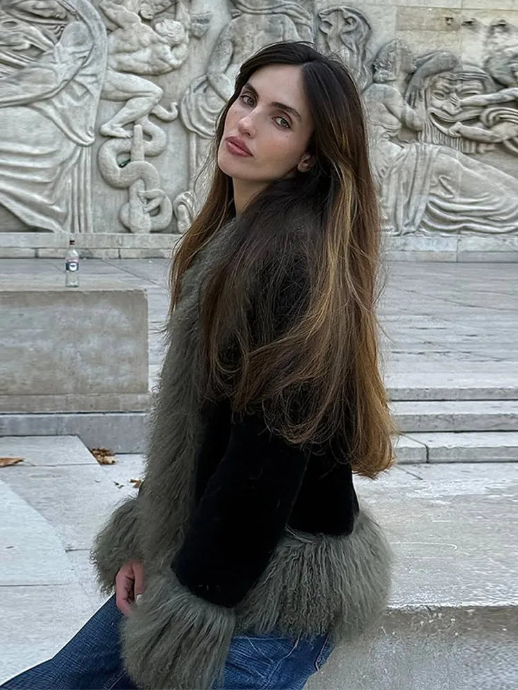 Vintage Patchwork Women's Faux Fur Trim Coat Urban Lapel Full Sleeve Female Jacket Female 2026 Spring Winter Lady Streetwear New