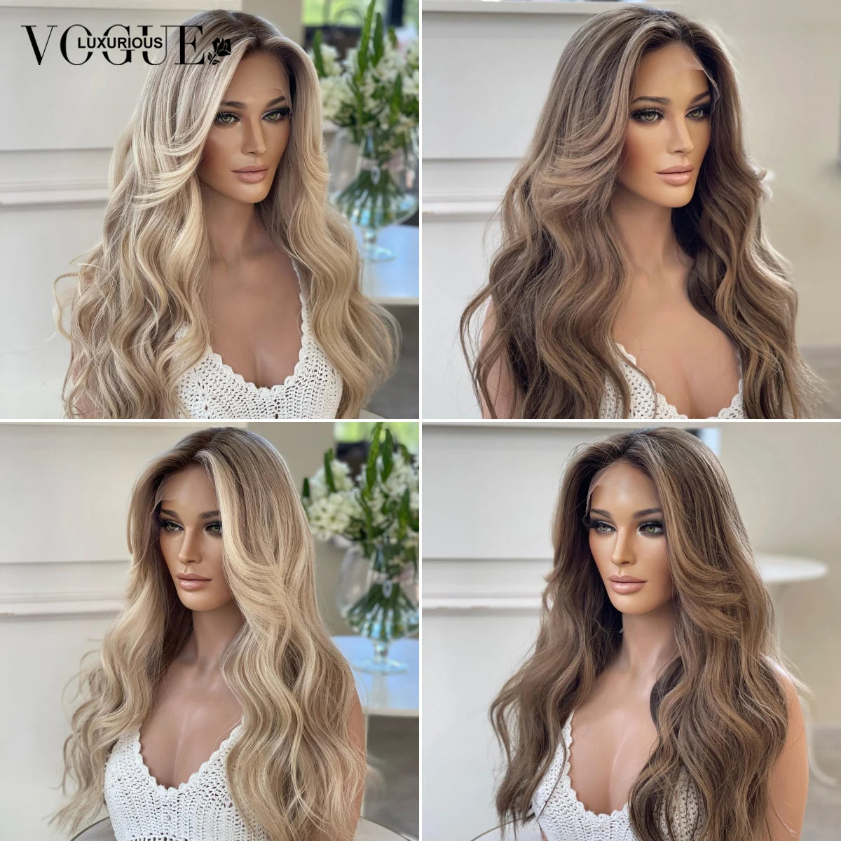 LUX VOGUE Brown Diamond Sheen Balayage Color 100% Virgin Hair Wig 260% Density Beachy Waves 13x6 Upgrade Nude Color Lace Wig