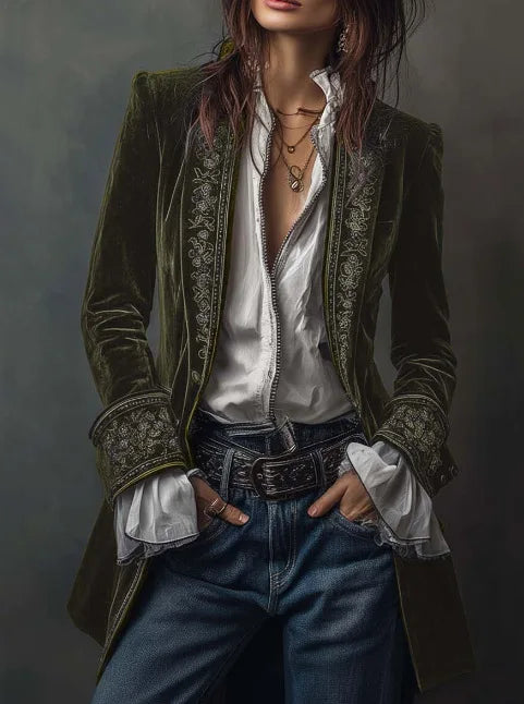 Long Sleeve Women's Outercoat Causal Autumn Winter Elegant Patchwork Velvet Slim Coat Vintage Pattern Print Cardigan Jackets